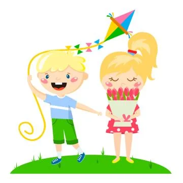 Kids play enjoy spring arrival warm summer little characters happy playing Stock Illustration