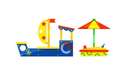 Kids Playground Elements with Toy Ship and Sandbox Vector Set Stock Illustration