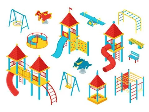 Kids playground isometric set, vector illustration isolated on white, play space Stock Illustration