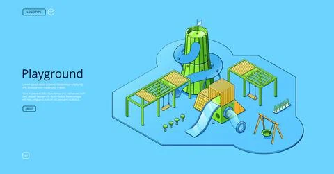 Kids playground poster with isometric swing, slide Stock Illustration