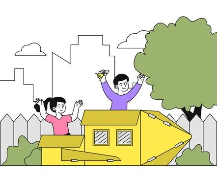 Kids playing astronauts vector linear Ilustração Stock