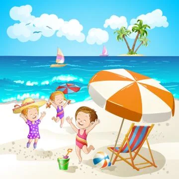 Kids playing at the beach Illustrazione stock