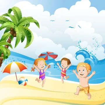 Kids playing at the beach Illustrazione stock