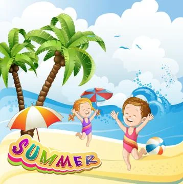 Kids playing at the beach Stock Illustration
