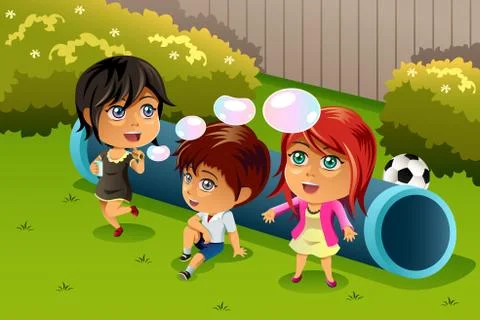 Kids Playing Bubbles Stock Illustration
