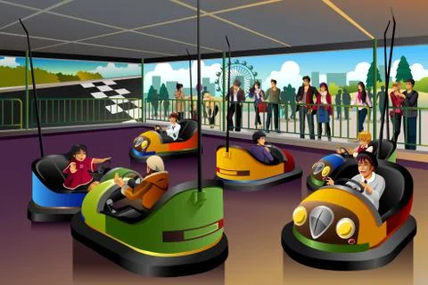 Kids Playing  Car in a Theme Park Stock Illustration