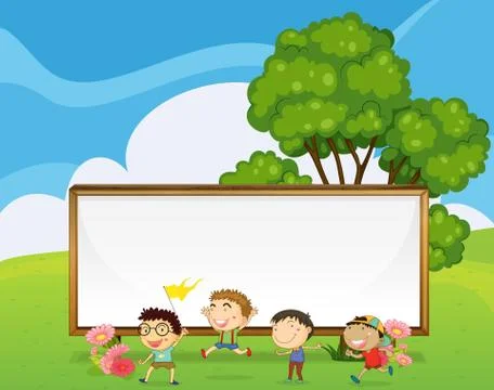 Kids playing in front of the big empty signboard Stockillustratie