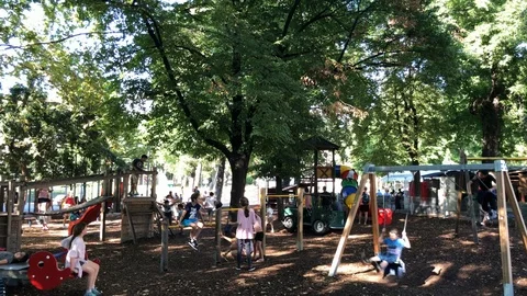 Kids Playing at park and Trees Stock Footage