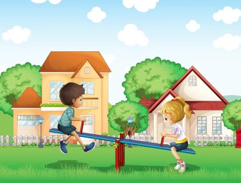 Kids playing at the park in the village Stock Illustration