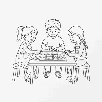 Kids playing puzzle, children solving jigsaw, boy and girls learning Silhouet Ilustração Stock