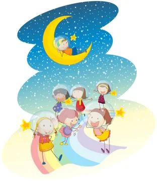 Kids playing on rainbow Ilustração Stock