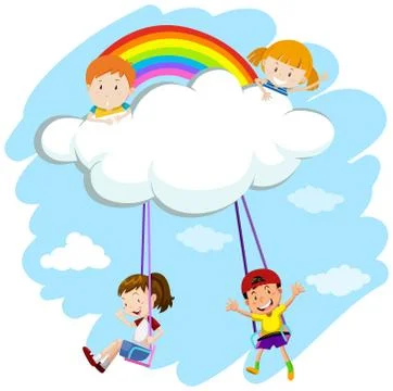 Kids playing swing on clouds Stock Illustration