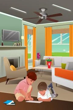 Kids Playing with Tablet PC in the Living Room Stock Illustration