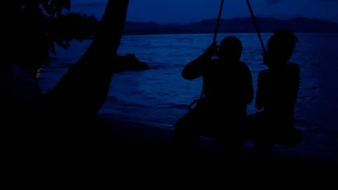 Kids playing on tree swing after sunset at Caribbean beach Stock Footage 93874472