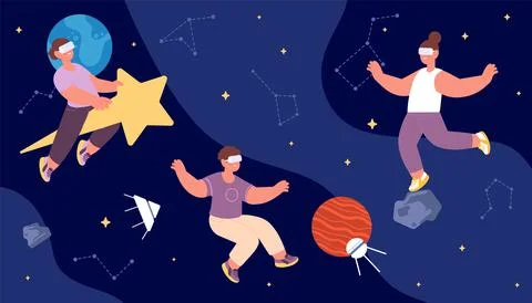 Kids playing in VR glasses, computer game or astrology lesson in artificial Stockillustratie