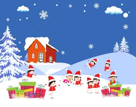 Kids playing on Winter forest background Stock Illustration