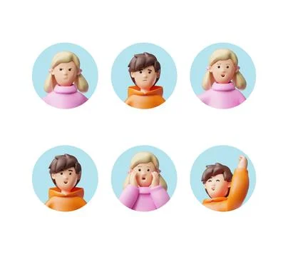 Kids positive and negative expression 3D portrait vector set, cartoon brunette Stock Illustration