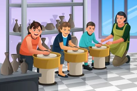 Kids in Pottery Class Stock Illustration