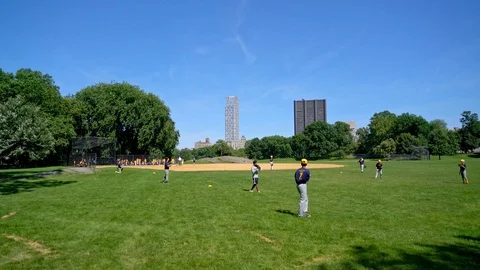 Kids practicing baseball in Central Park Stock Footage 91744089
