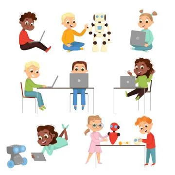 Kids Programmer Characters Set, Boys and Girls Using Computers, Creating and Stock-Illustration
