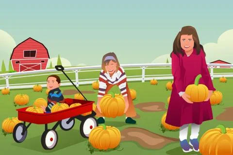 Kids on a Pumpkin Patch Trip Stock Illustration