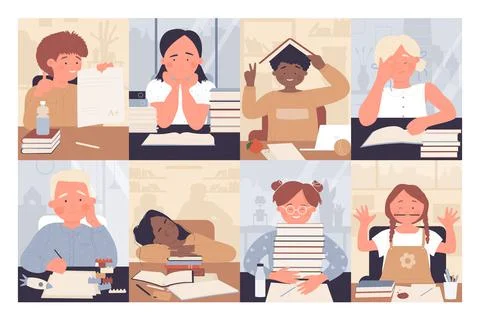 Kids pupils of primary school study, cute boy and girl child sitting with books Illustration