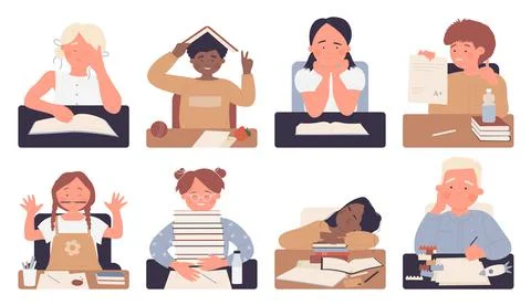 Kids pupils of primary school study set isolated Illustration