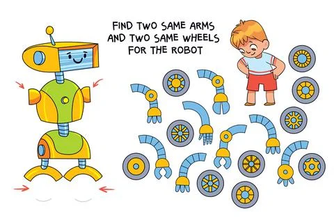 Kids puzzle. Find two same arms and two same wheels for the robot Stock Illustration