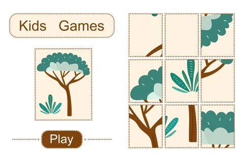 Kids puzzle game featuring tree illustration with separate pieces, suitable.. Stockillustratie