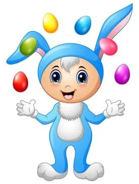 Kids in rabbit costume with easter eggs flying Stock Illustration