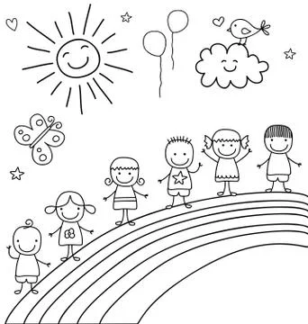 Kids on rainbow Stock Illustration