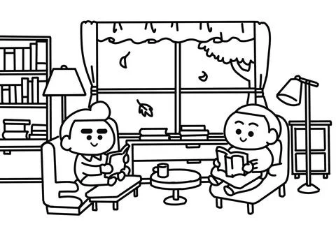 Kids reading a book in library. Illustrazione stock