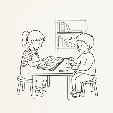 Kids reading book sitting table school library line art Silhouette Stock Illustration
