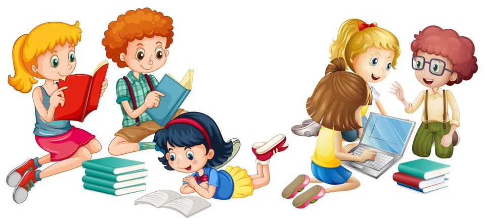 Kids reading books and working on computer Stock Illustration