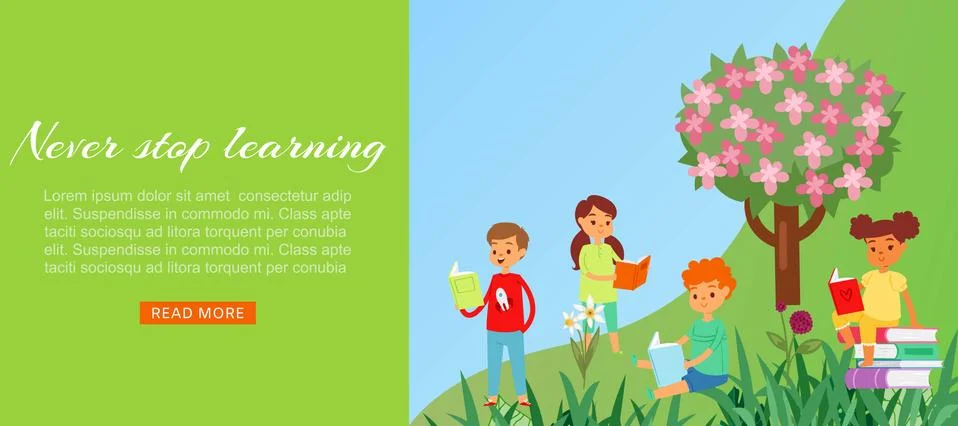 Kids reading books in park web banner for love to study and literature cartoon Stock Illustration
