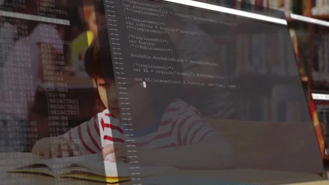 Kids reading, browsing at library as transparent code editor appearing expanding Stock Footage 320127690