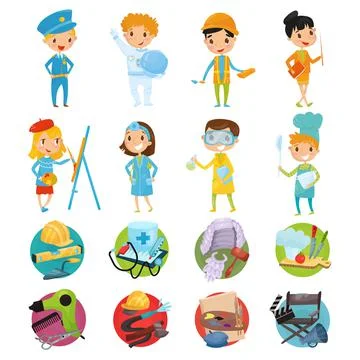 Kids Representing Different Profession Wearing Uniform and Professional Tool Kit Stock Illustration