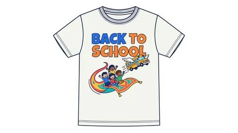 Kids riding magic carpet back to school t shirt design with clothing, schoolb Stockillustratie