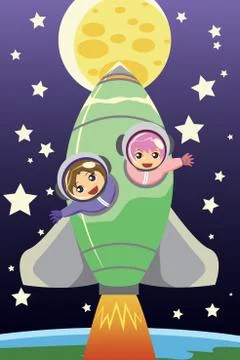 Kids riding on a rocket Stock Illustration