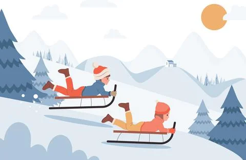 Kids riding on sleds vector flat illustration. Happy children sledding on sleds Stock Illustration