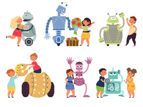 Kids robot programming. Toy robots coding, child with electronic characters Stock Illustration