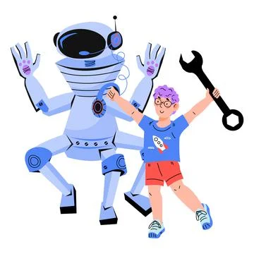 Kids robotics, programming and engineering lessons, computer electronic schoo Stockillustratie