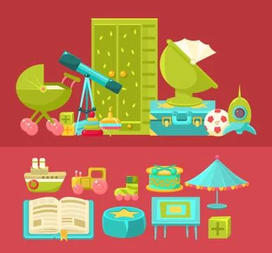 Kids Room Interior And Elements Set Two Illustrations Illustrazione stock