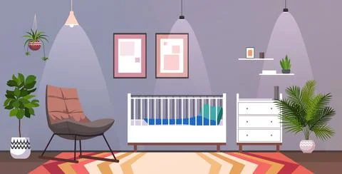 Kids room interior empty no people baby's bedroom with wooden crib horizontal Stock Illustration