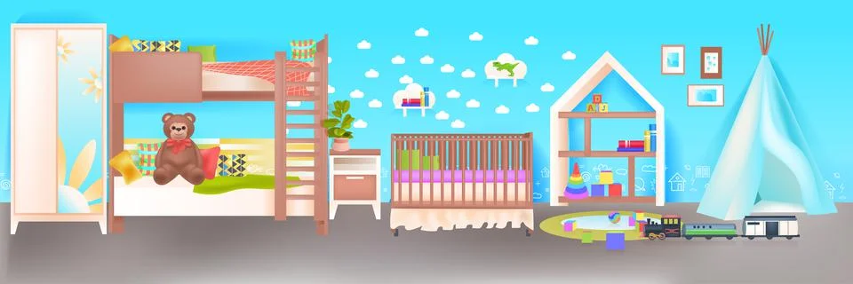 Kids room interior empty no people baby's bedroom with wooden crib horizontal Stock Illustration