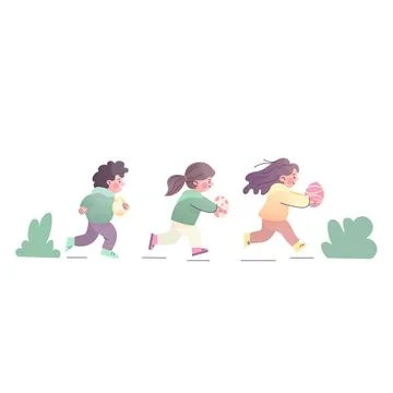 Kids Running in Easter Egg Hunt , Cute Spring vector Illustration 스톡 일러스트