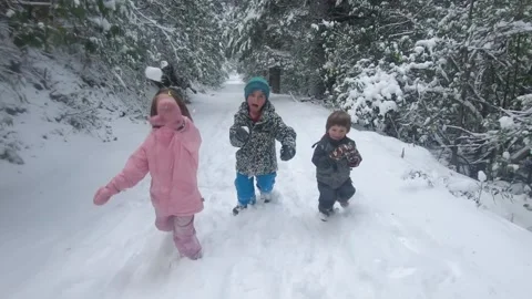 Kids running towards camera Throwing Snowballs Stock Footage 133964508