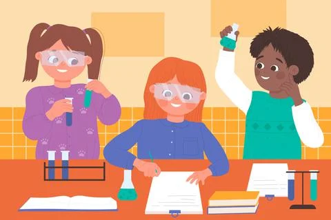 Kids scientists study at lesson in school classroom, boy girl make scientific Illustration