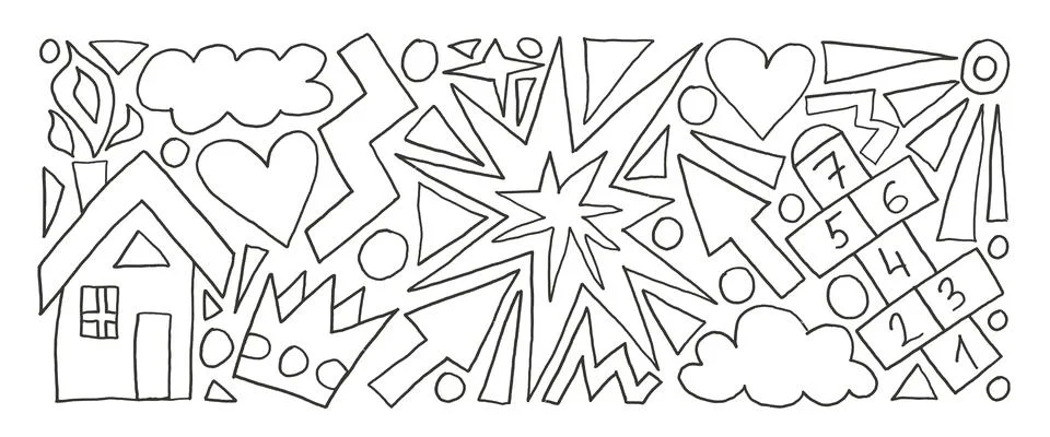 Kids scribble elements pencil drawn set. Cute simple house, hopscotch game, Stock Illustration