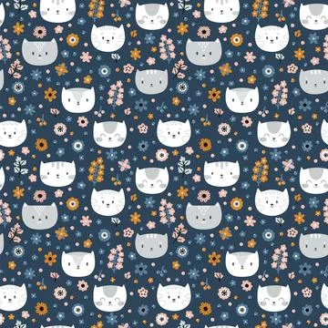 Kids seamless pattern with cats. Funny animals on dark backdrop. Great for .. Stock Illustration